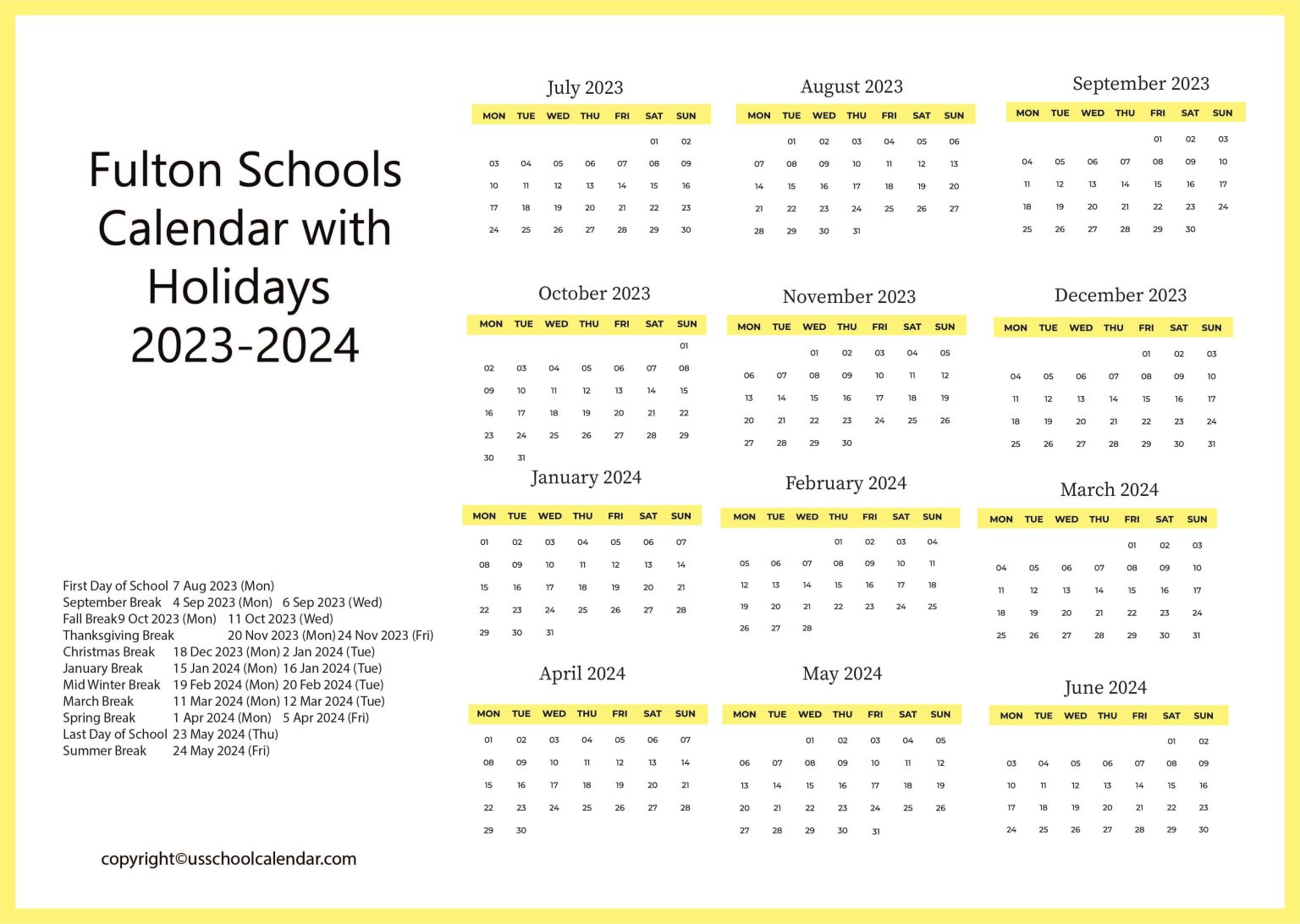 Fulton Schools Calendar with Holidays 2023-2024