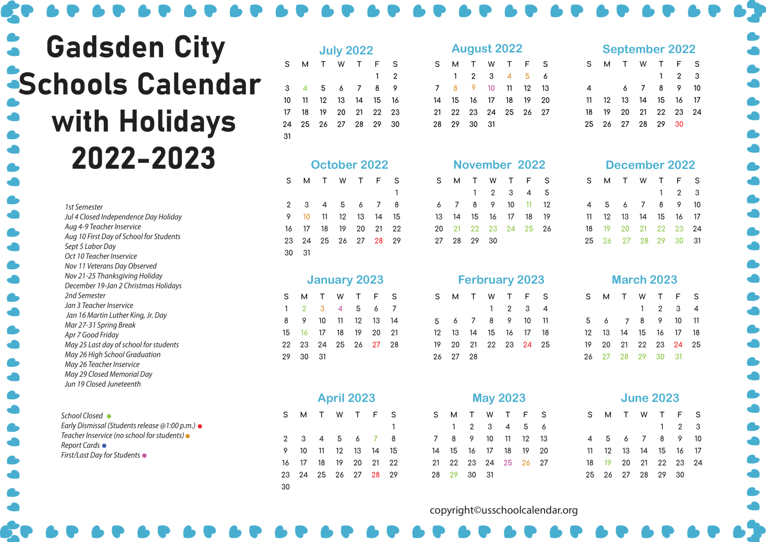 [GCS] Gadsden City Schools Calendar with Holidays 20222023