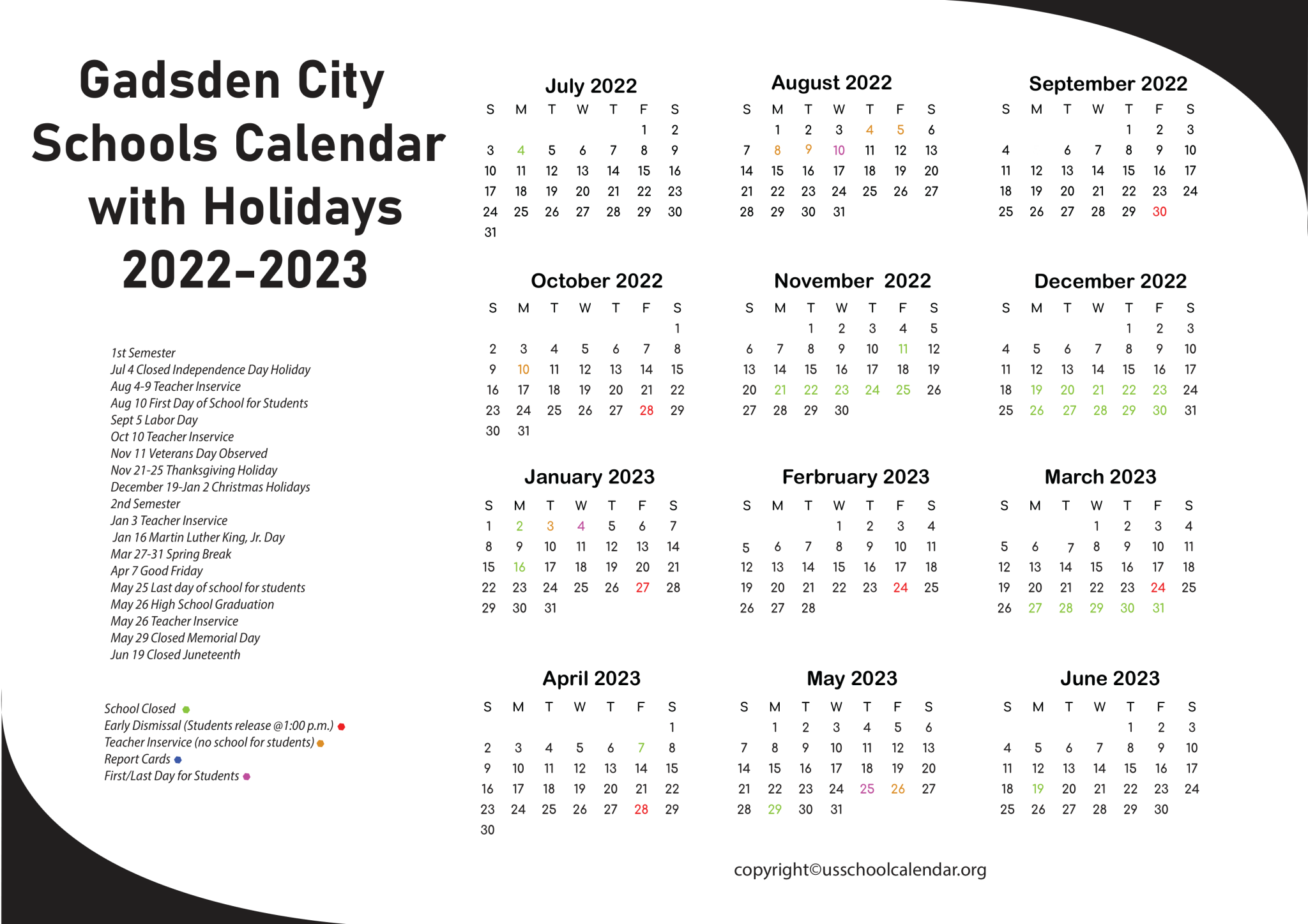 GCS Gadsden City Schools Calendar with Holidays 2022 2023