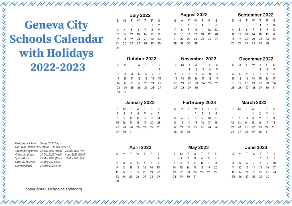 Geneva City Schools Calendar with Holidays 2022-2023