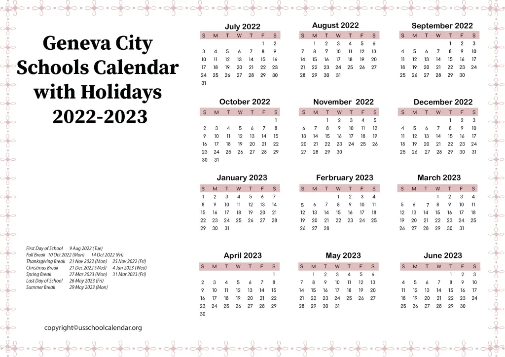 Geneva City Schools Calendar with Holidays 2022-2023 2