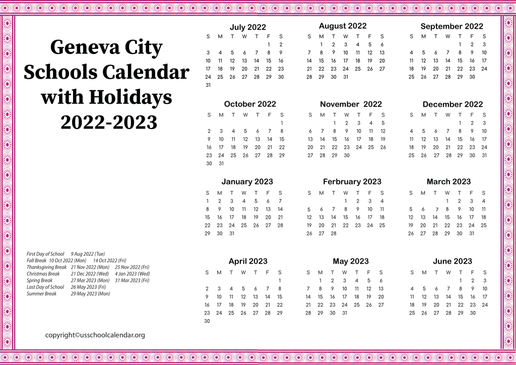 Geneva City Schools Calendar with Holidays 2022-2023 3