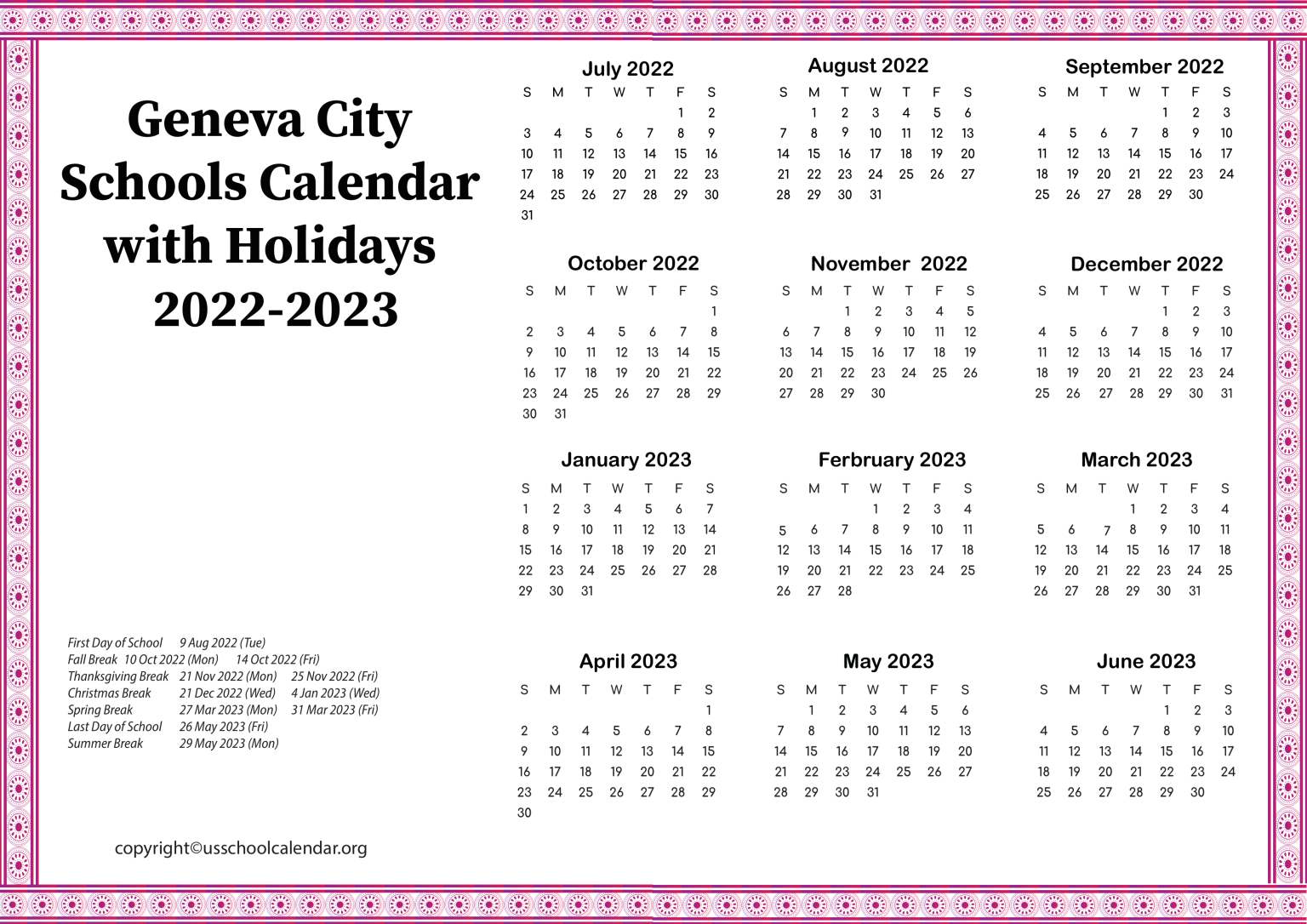 Geneva City Schools Calendar with Holidays 20222023