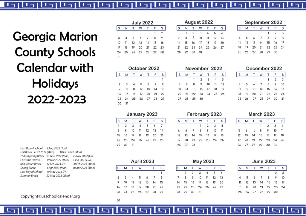 Georgia Marion County Schools Calendar with Holidays 2022-2023
