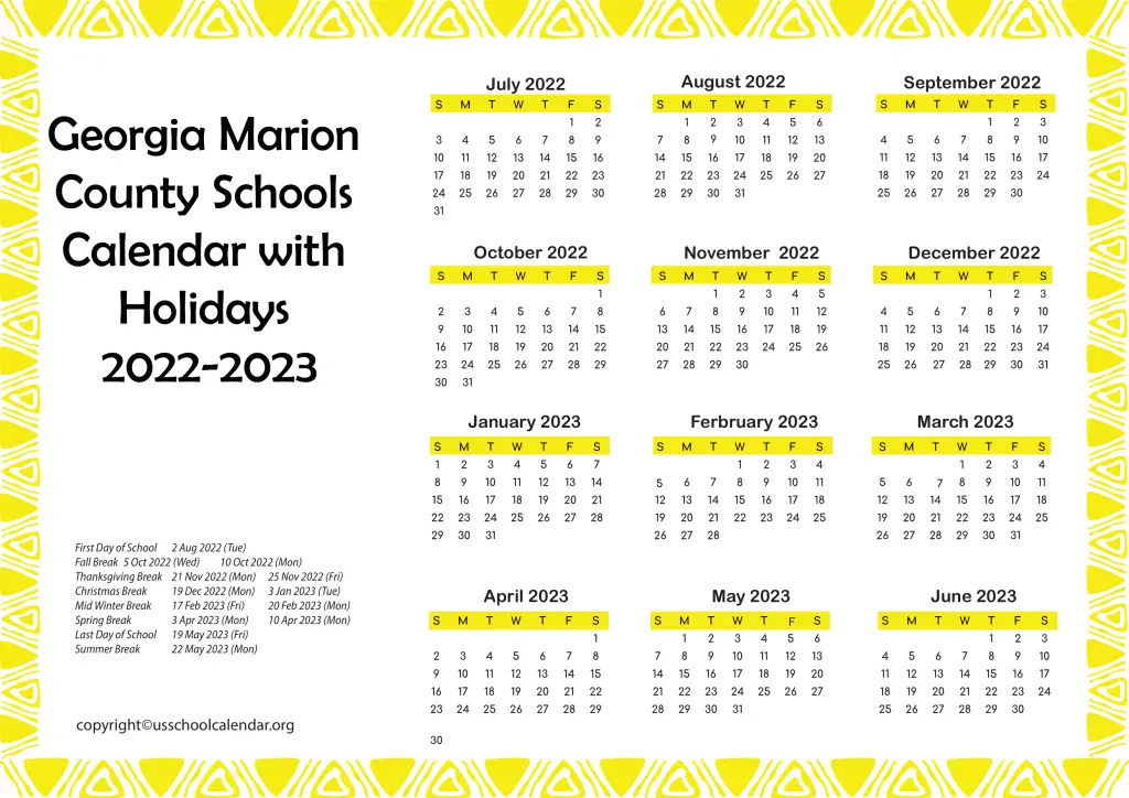 Georgia Marion County Schools Calendar with Holidays 2022-2023 2