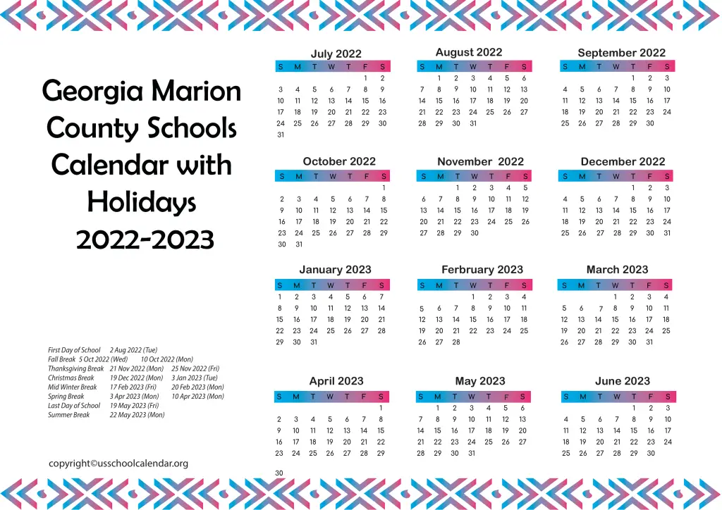Georgia Marion County Schools Calendar with Holidays 2022-2023 3