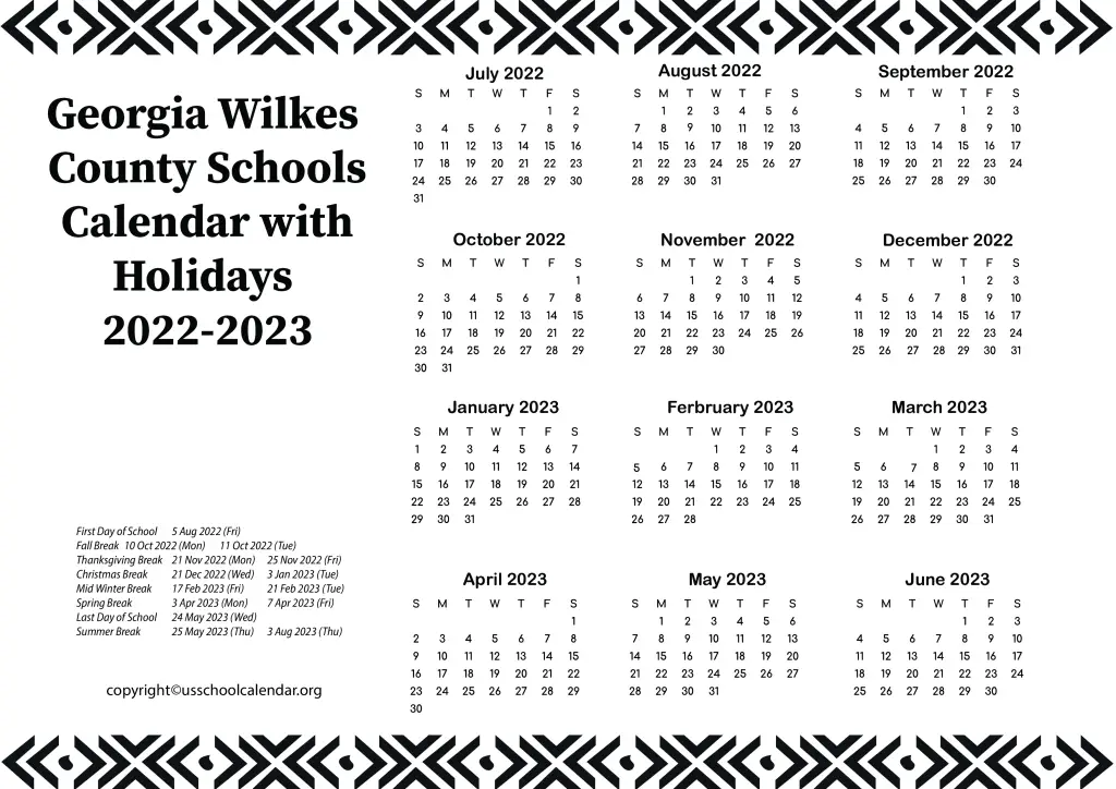 Georgia Wilkes County Schools Calendar with Holidays 2022-2023