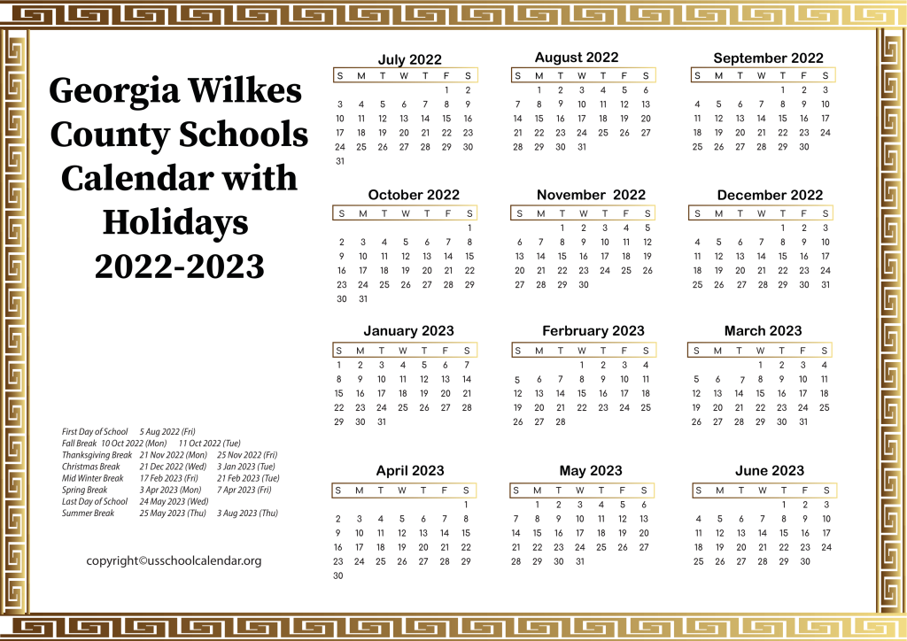 Georgia Wilkes County Schools Calendar with Holidays 2022-2023 2