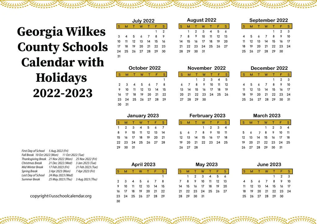 Georgia Wilkes County Schools Calendar with Holidays 2022-2023 3