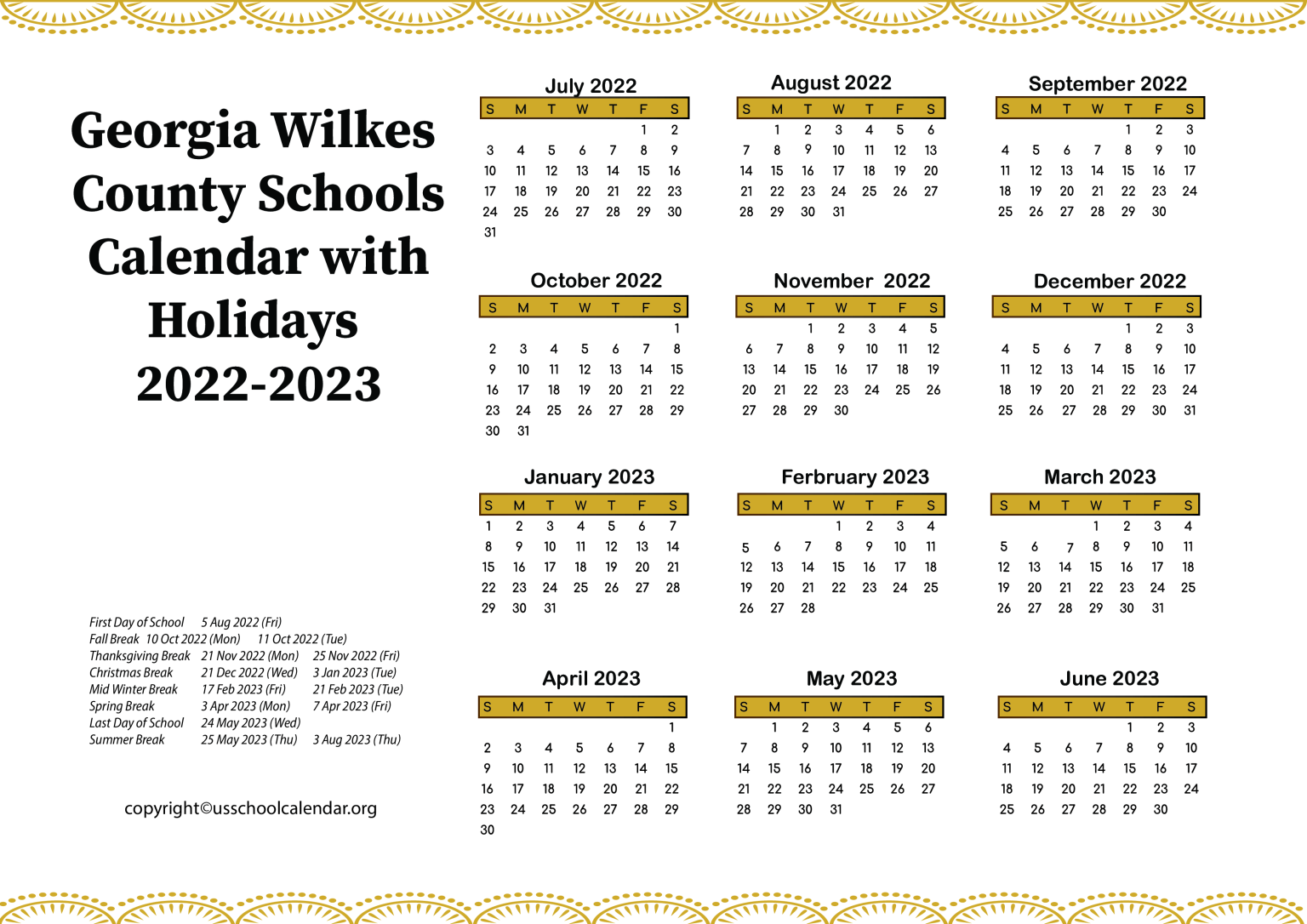 Wilkes County Schools Calendar with Holidays 20222023