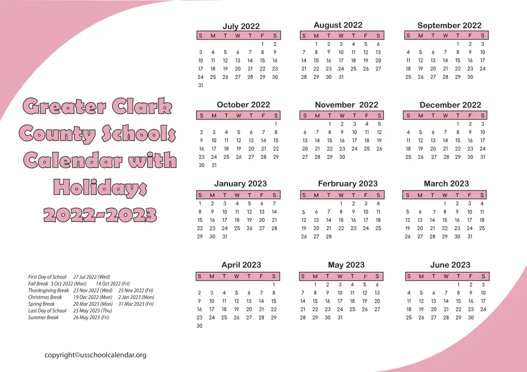 Greater Clark County Schools Calendar with Holidays 2022-2023