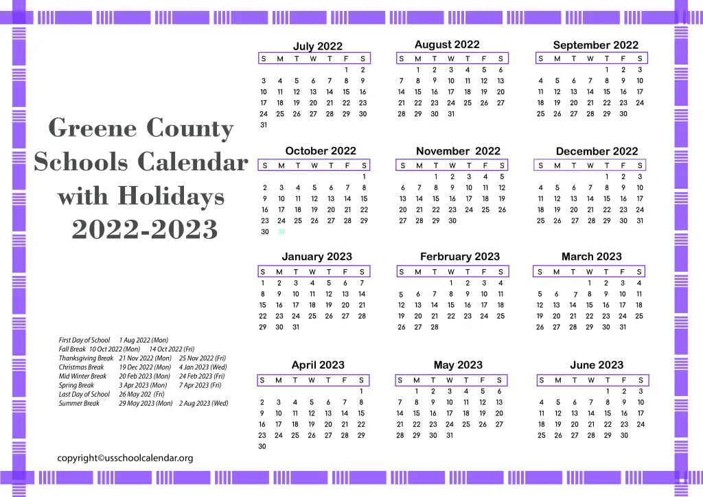 Greene County Schools Calendar with Holidays 2022-2023 2