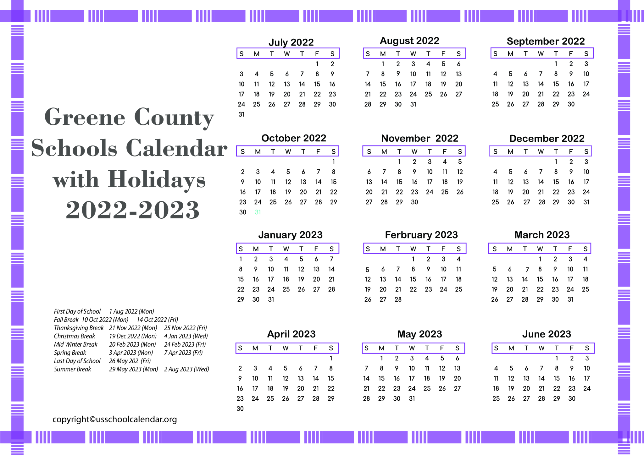 Greene County Schools Calendar with Holidays 20222023
