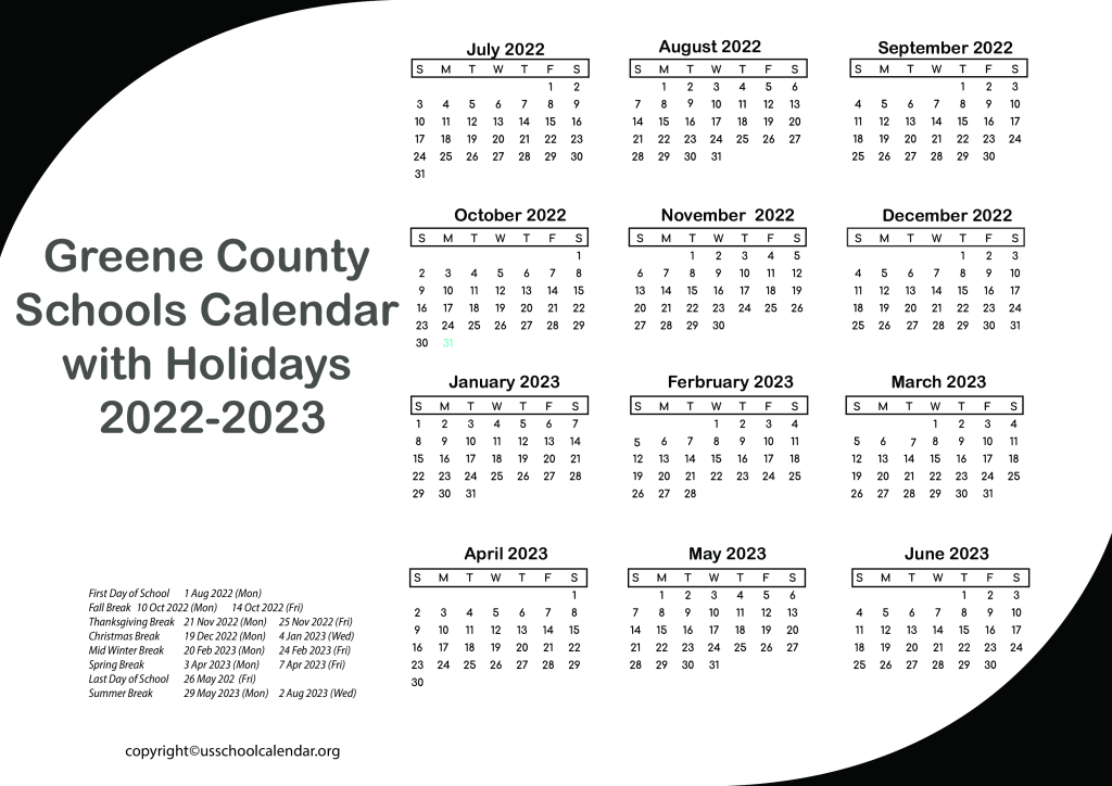 Greene County Schools Calendar With Holidays 2022 2023