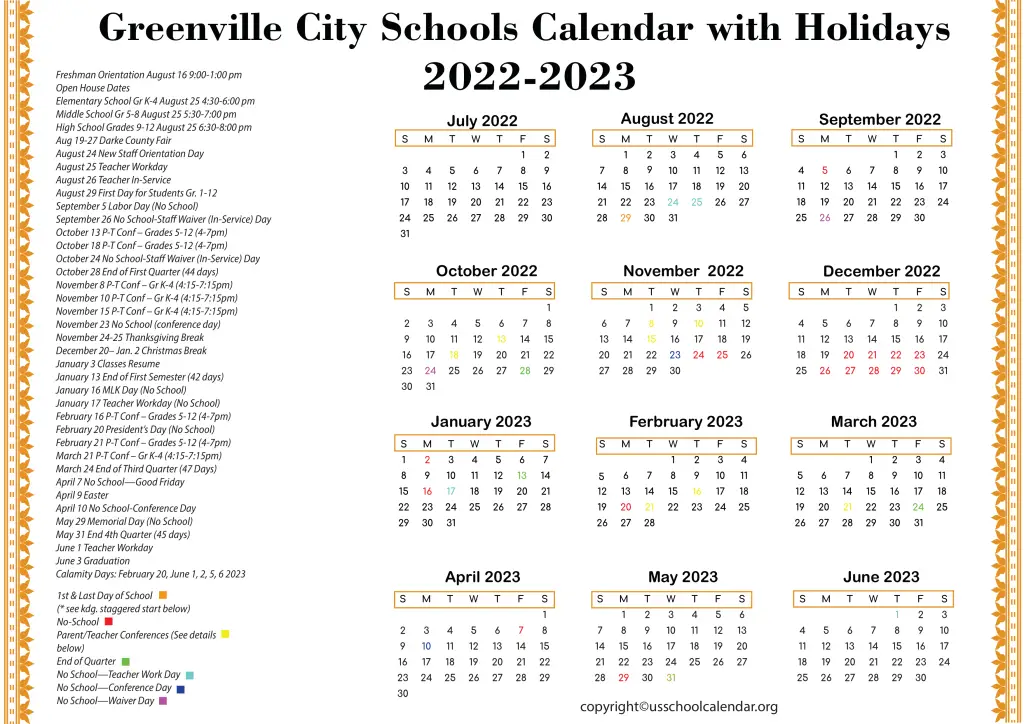 Greenville City Schools Calendar with Holidays 2022-2023