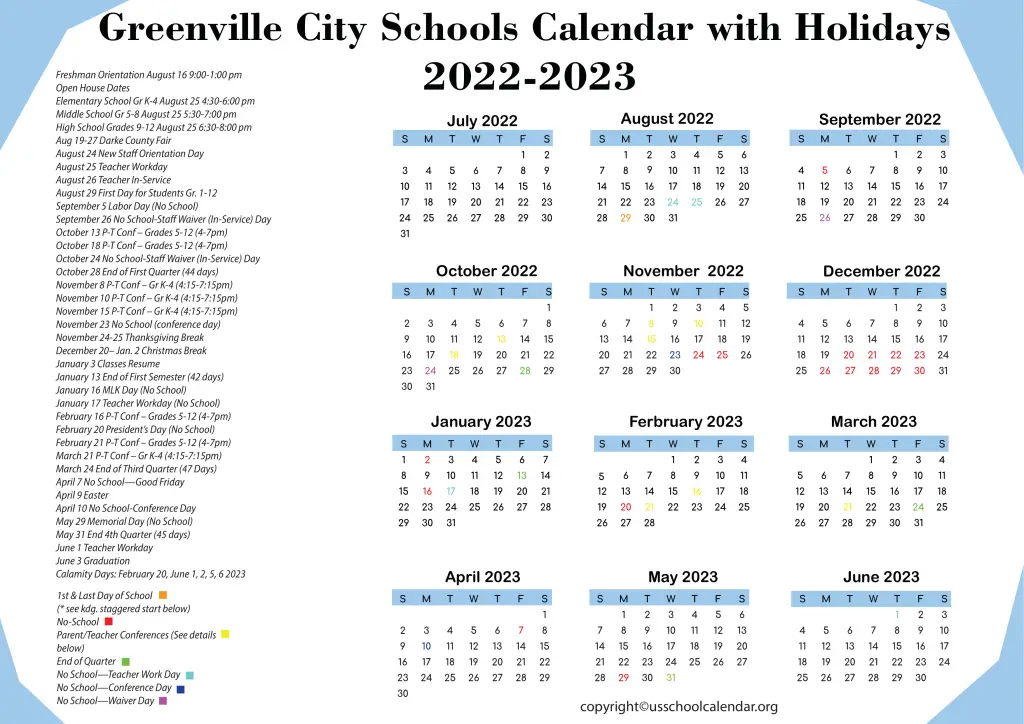 Greenville City Schools Calendar with Holidays 2022-2023 2