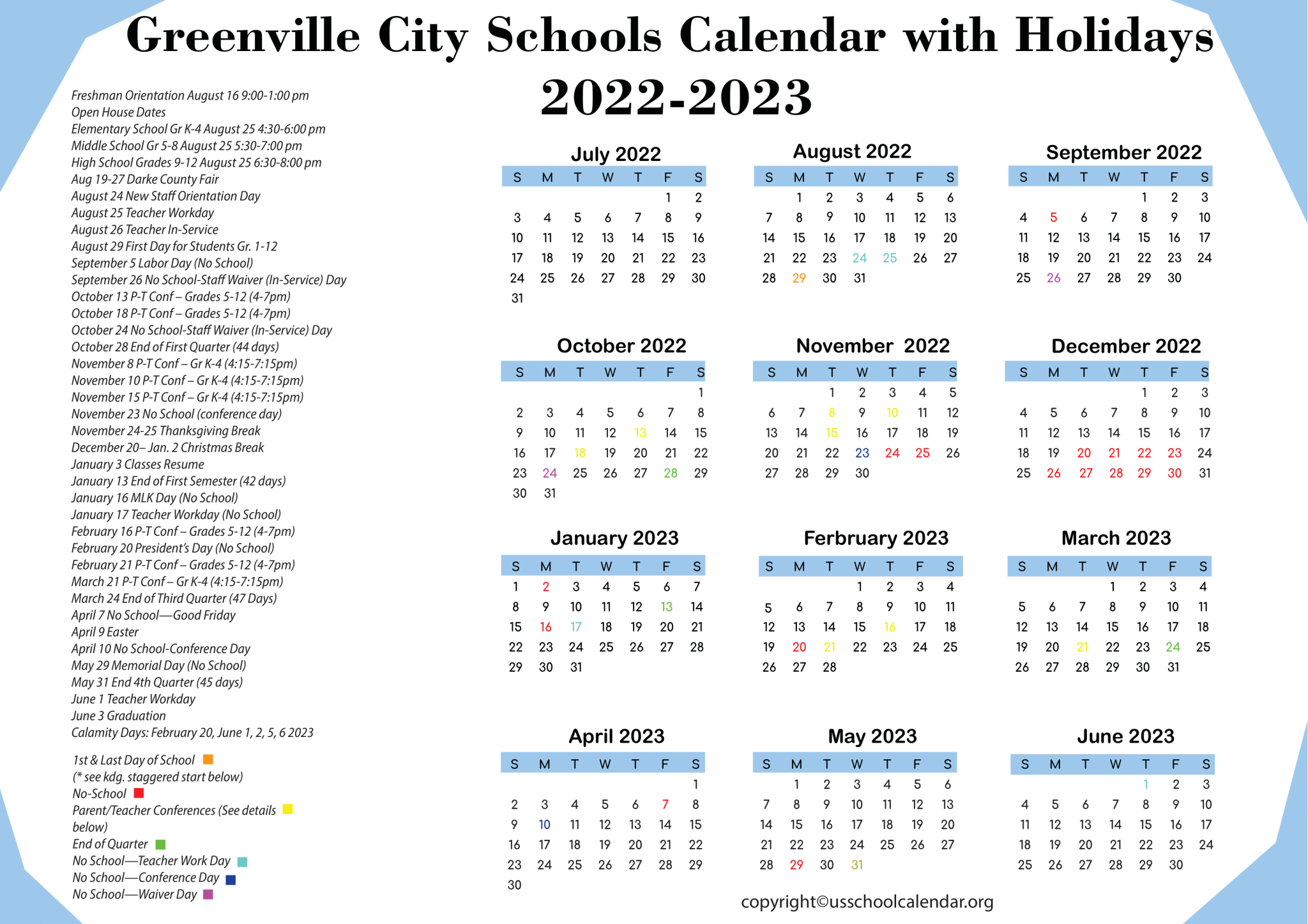 Greenville City Schools Calendar with Holidays 20222023