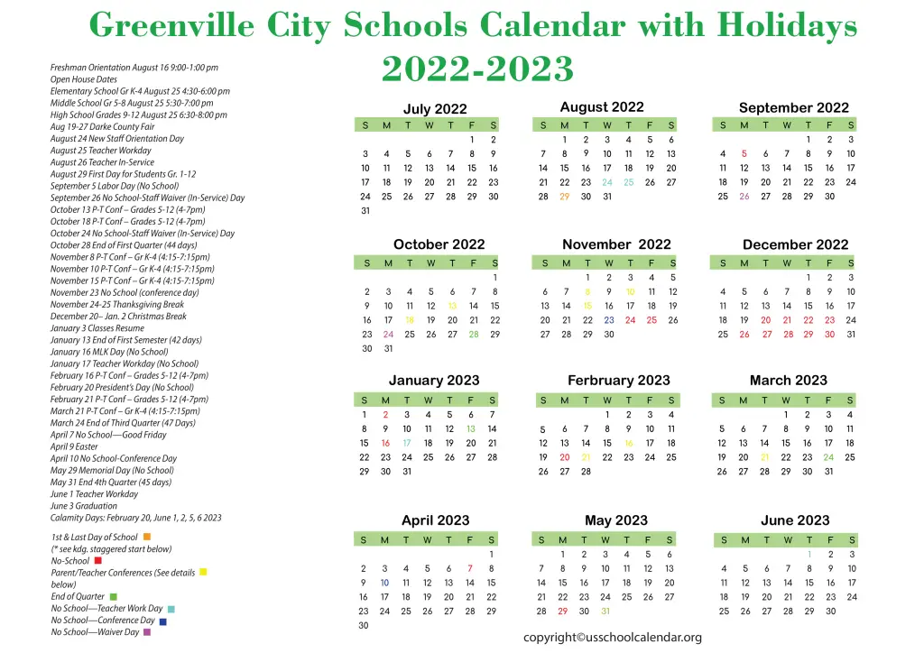 Greenville City Schools Calendar with Holidays 2022-2023 3