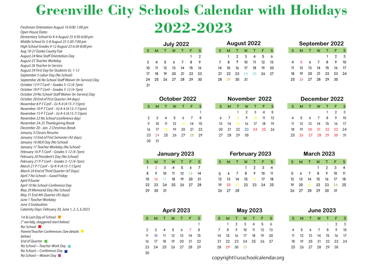 Greenville City Schools Calendar with Holidays 20222023