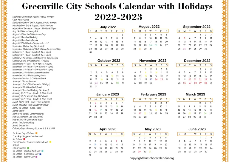 Greenville City Schools Calendar with Holidays 20222023