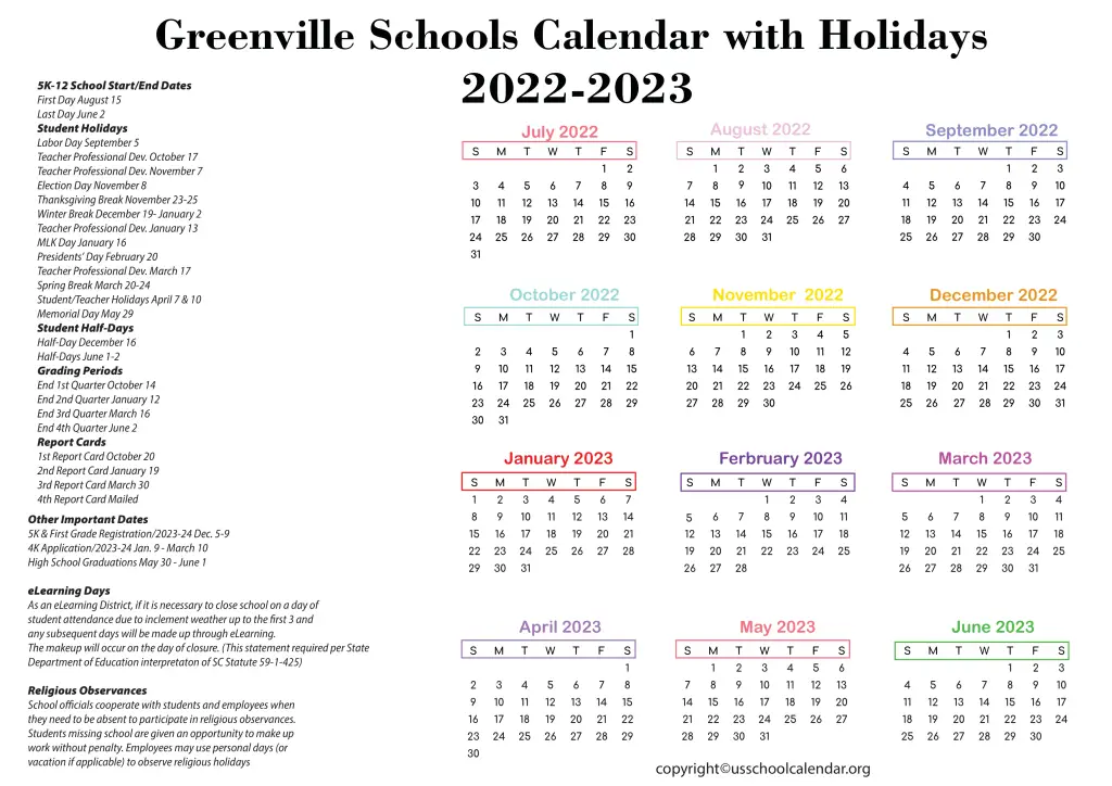 Greenville Schools Calendar with Holidays 2022-2023 2