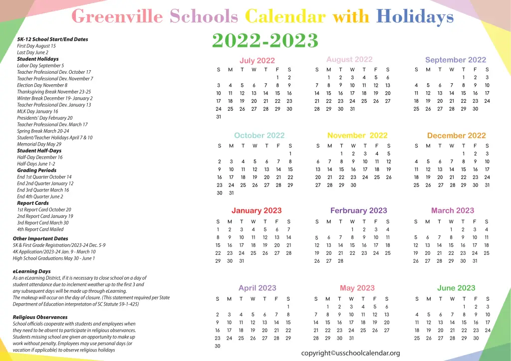 Greenville Schools Calendar with Holidays 2022-2023 3