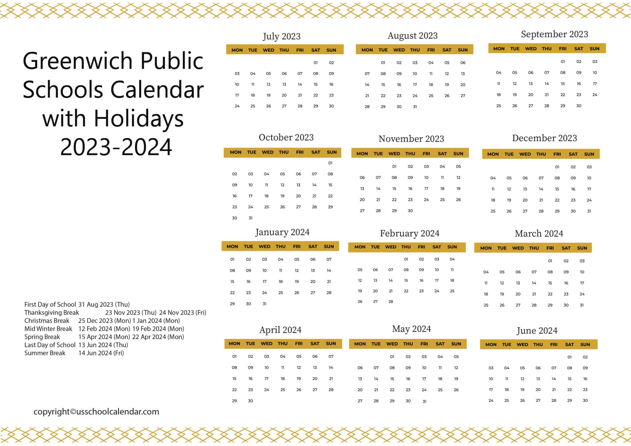 Greenwich Public Schools Calendar with Holidays 20232024