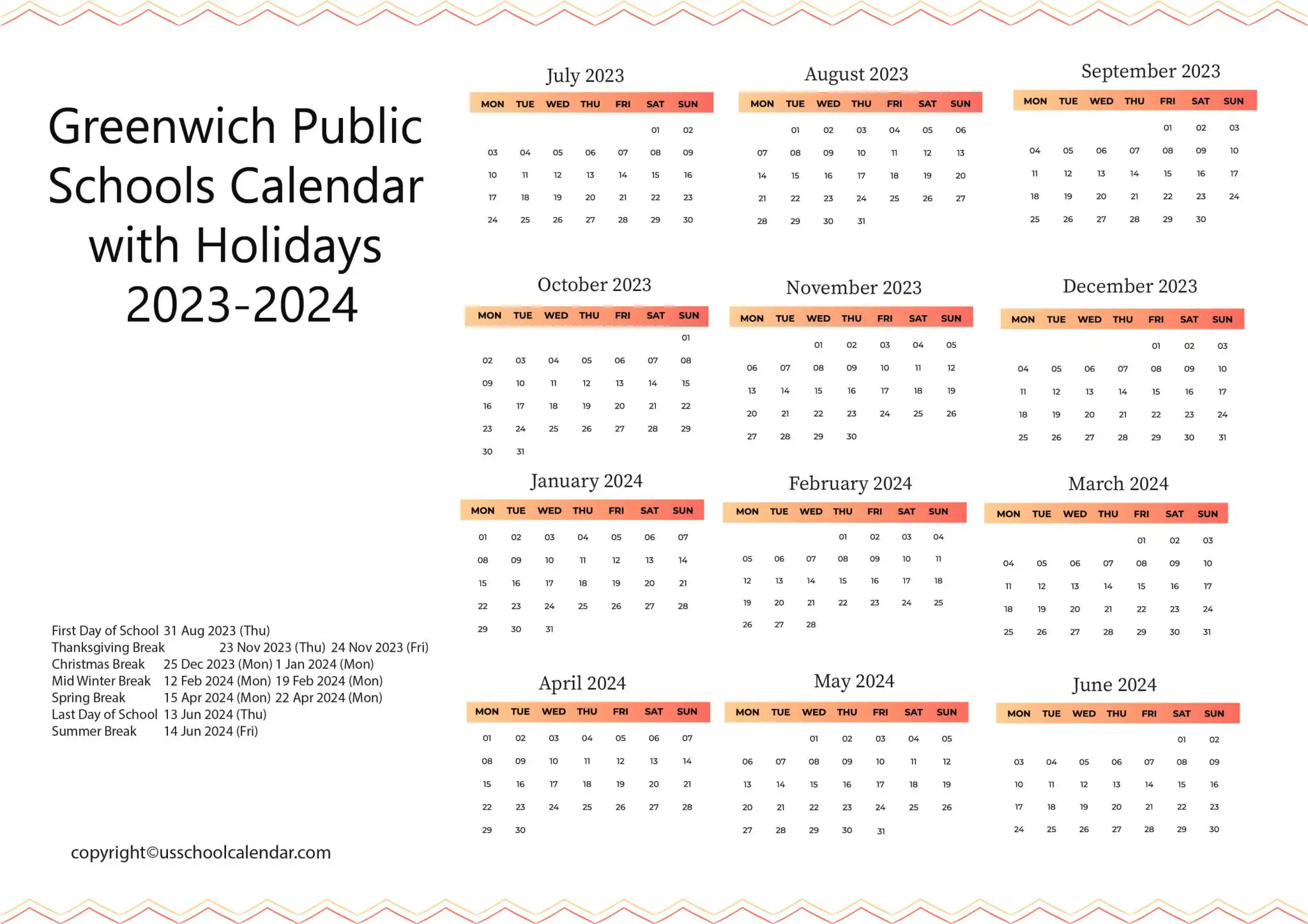Greenwich Public Schools Calendar with Holidays 20232024
