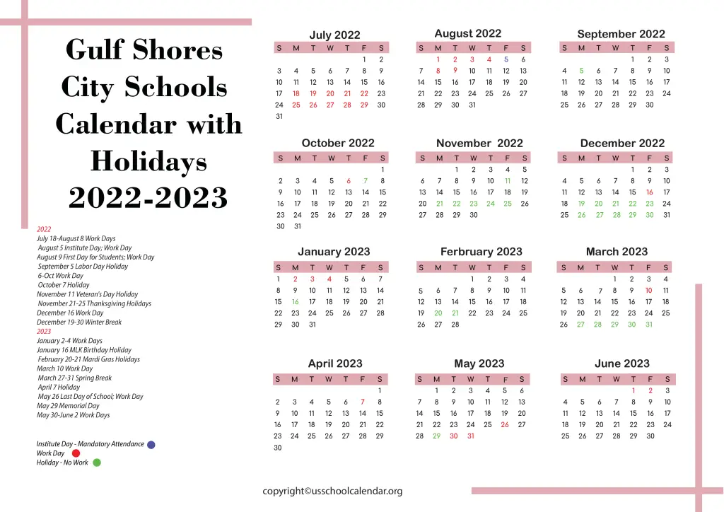 Gulf Shores City Schools Calendar with Holidays 2022-2023