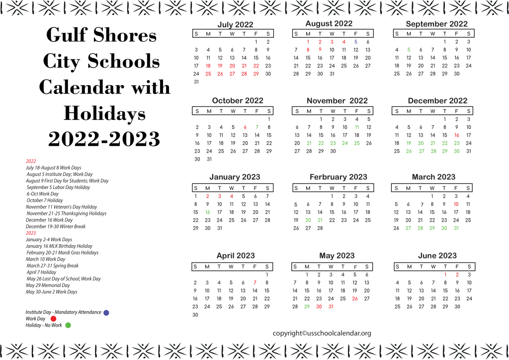 Gulf Shores City Schools Calendar with Holidays 2022-2023 2