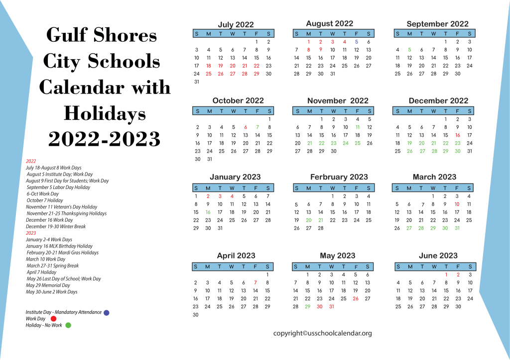 Gulf Shores City Schools Calendar with Holidays 2022-2023 3