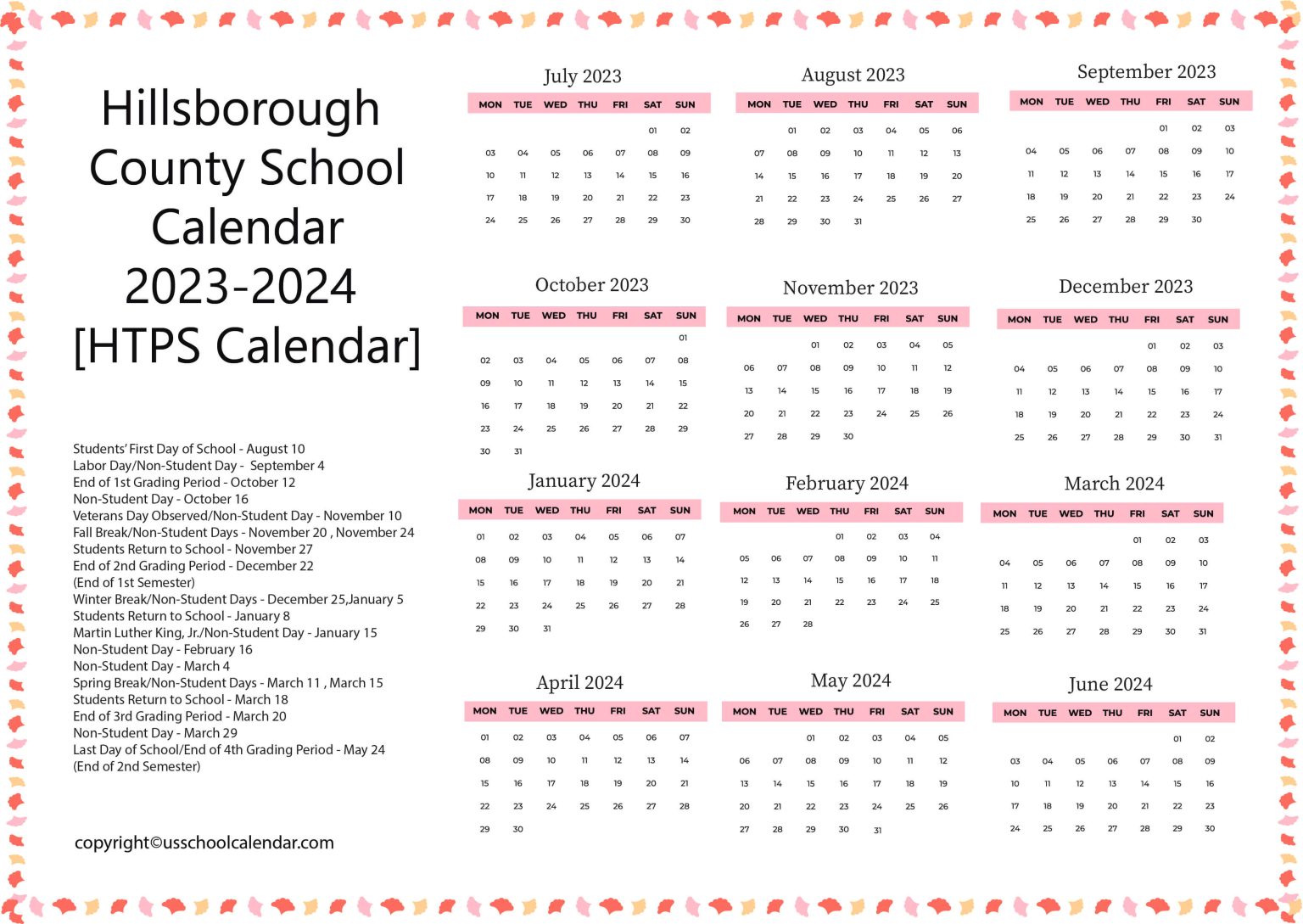 Hillsborough County School Calendar 202425 Bibbye Sibbie
