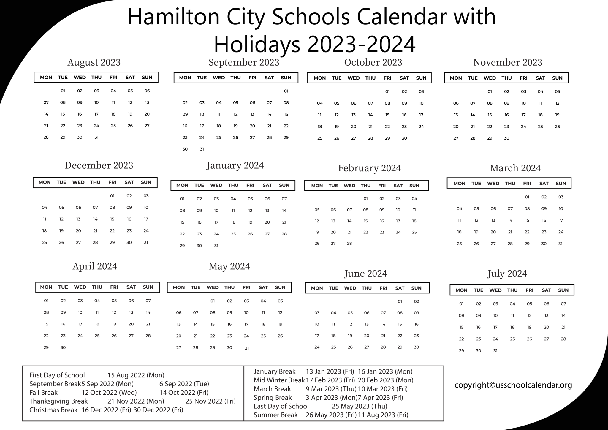 Hamilton City Schools Calendar with Holidays 2023-2024