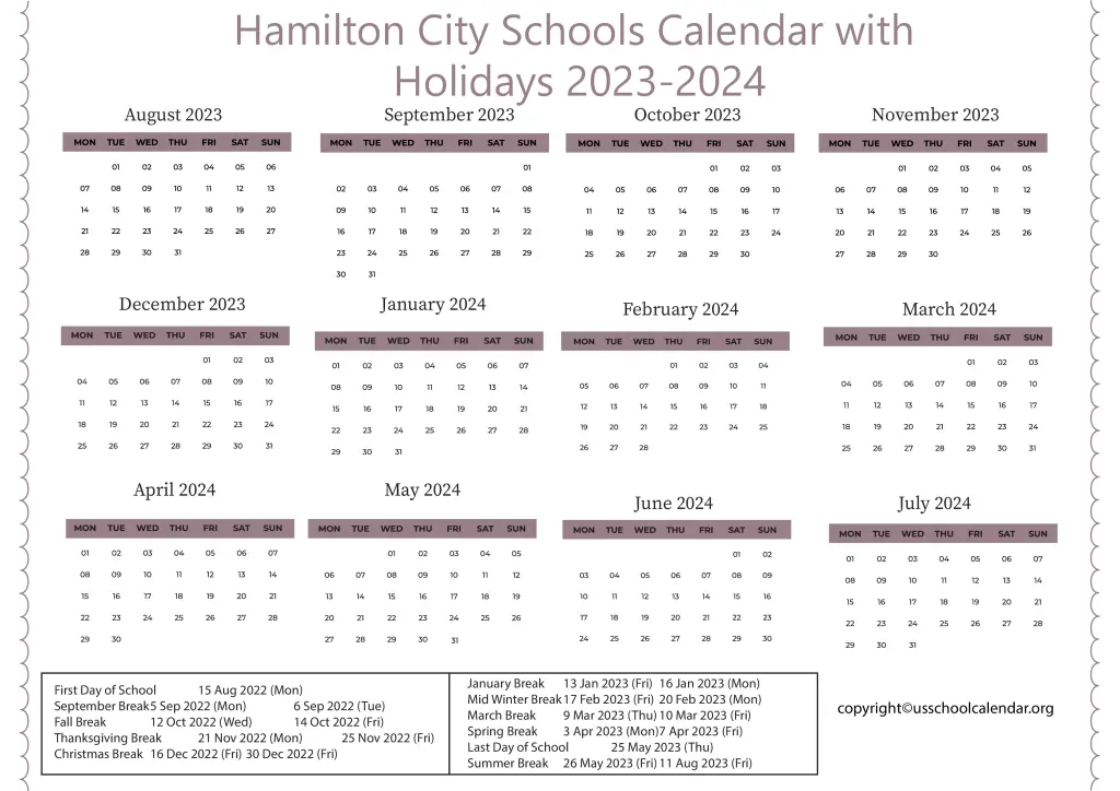 Hamilton City Schools Calendar with Holidays 2023-2024 3