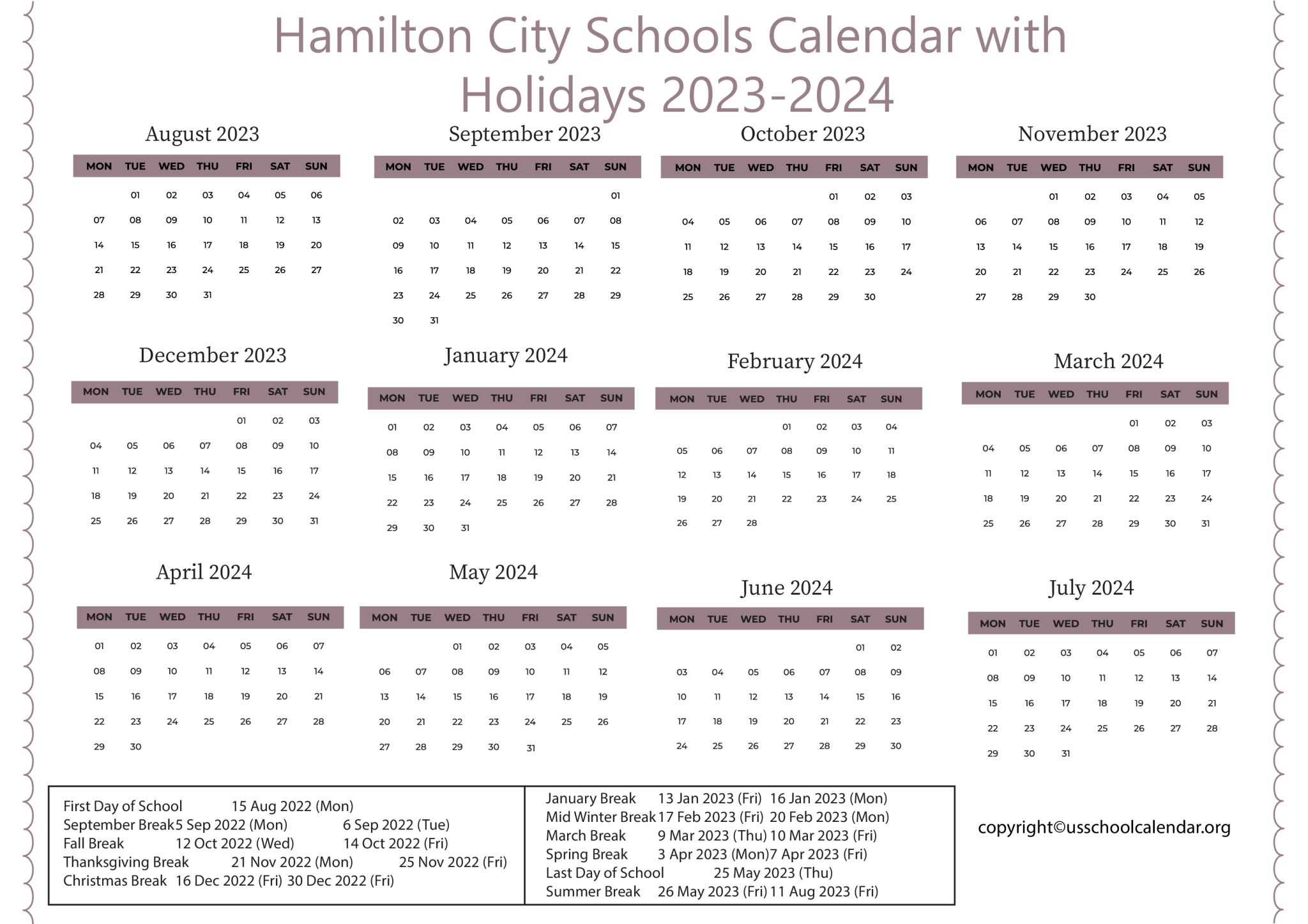 Hamilton City Schools Calendar with Holidays 20232024