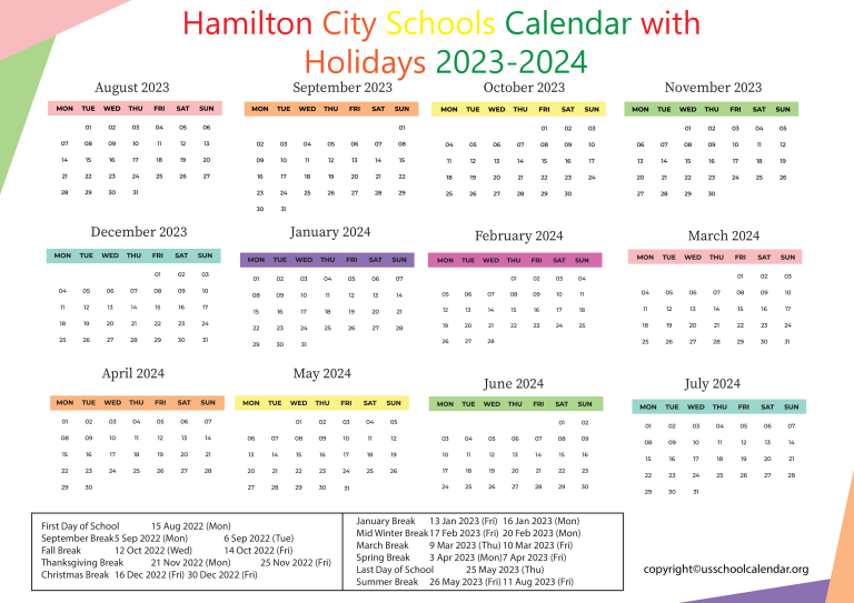 Hamilton City Schools Calendar with Holidays 2023-2024