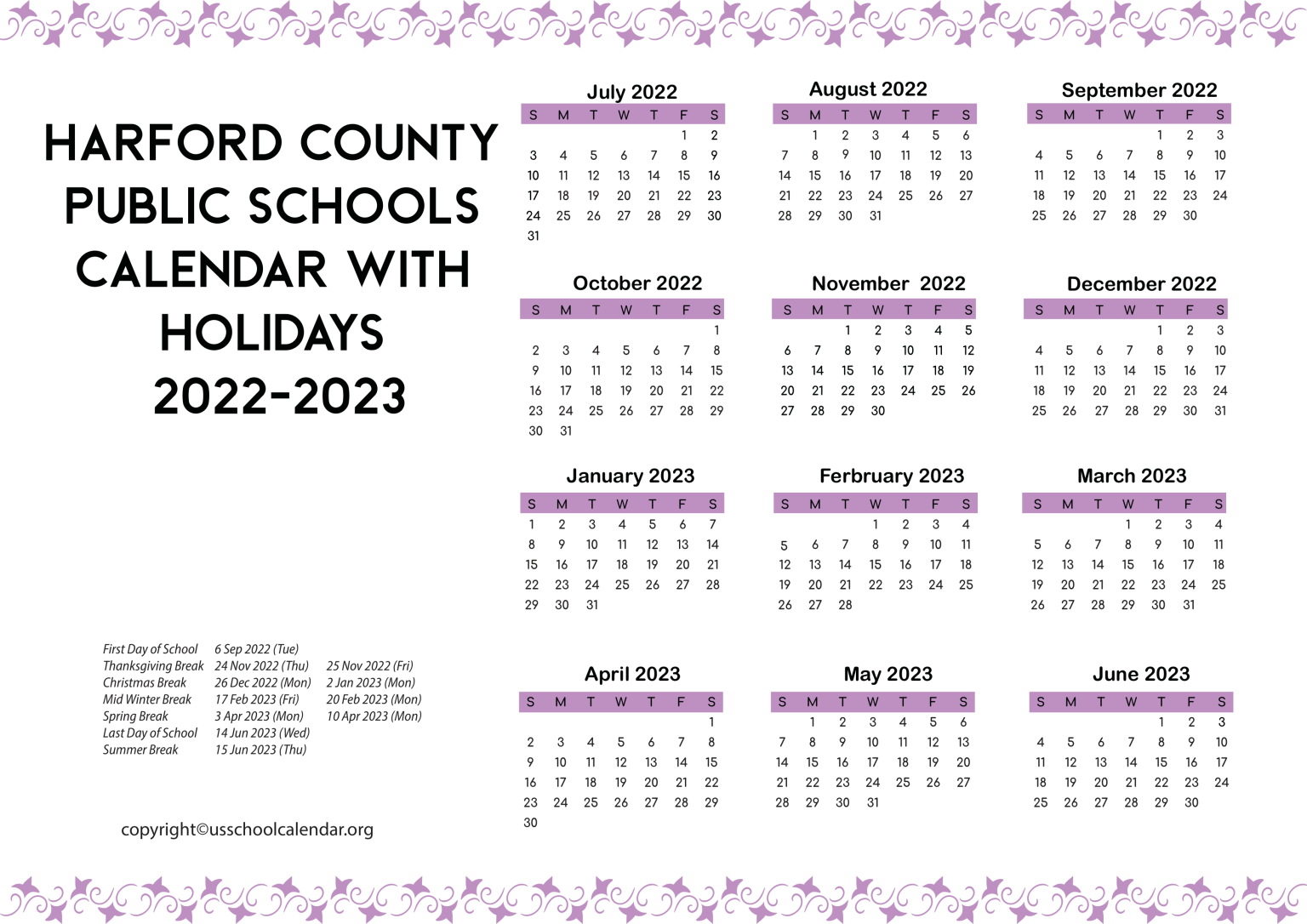 Harford County Public Schools Calendar with Holidays 2022-2023