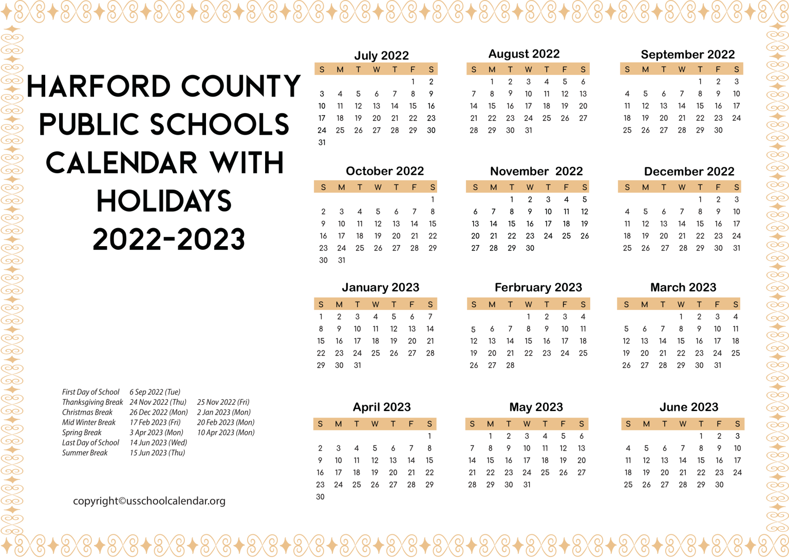 Harford County Public Schools Calendar with Holidays 20222023
