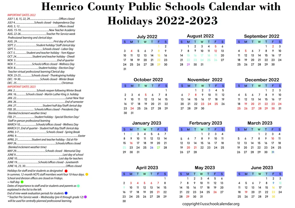 Henrico County Public Schools Calendar with Holidays 2022-2023