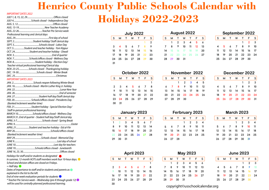 Henrico County Public Schools Calendar with Holidays 2022-2023 2