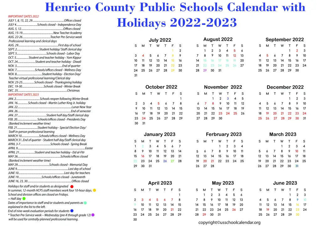 Henrico County Public Schools Calendar with Holidays 2022-2023 3