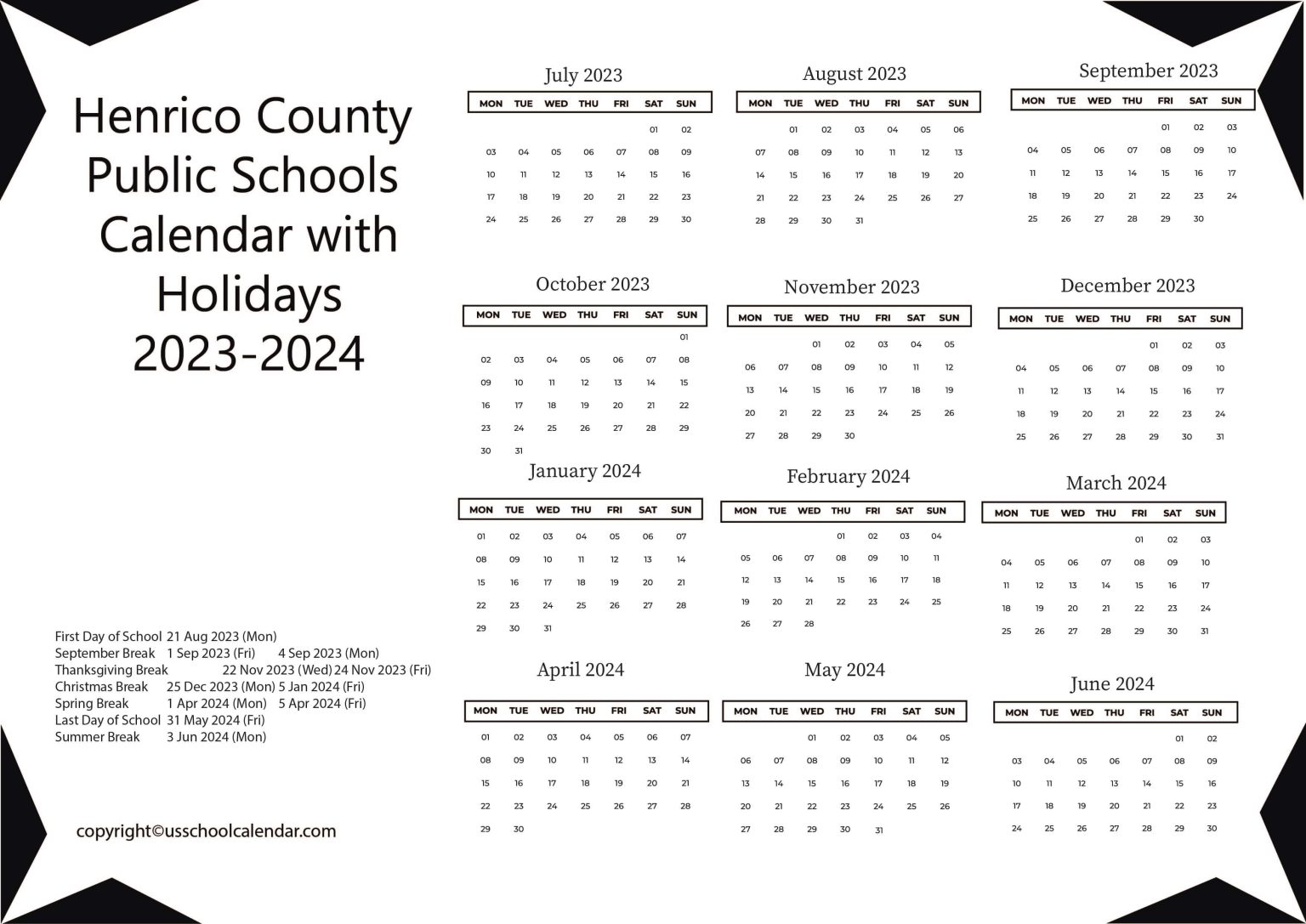 Henrico County Public Schools Calendar with Holidays 20232024