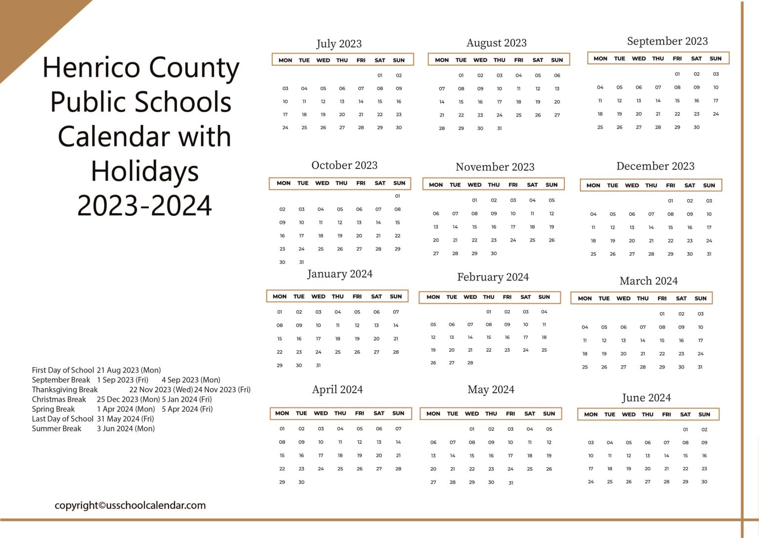 Henrico County Public Schools Calendar with Holidays 20232024