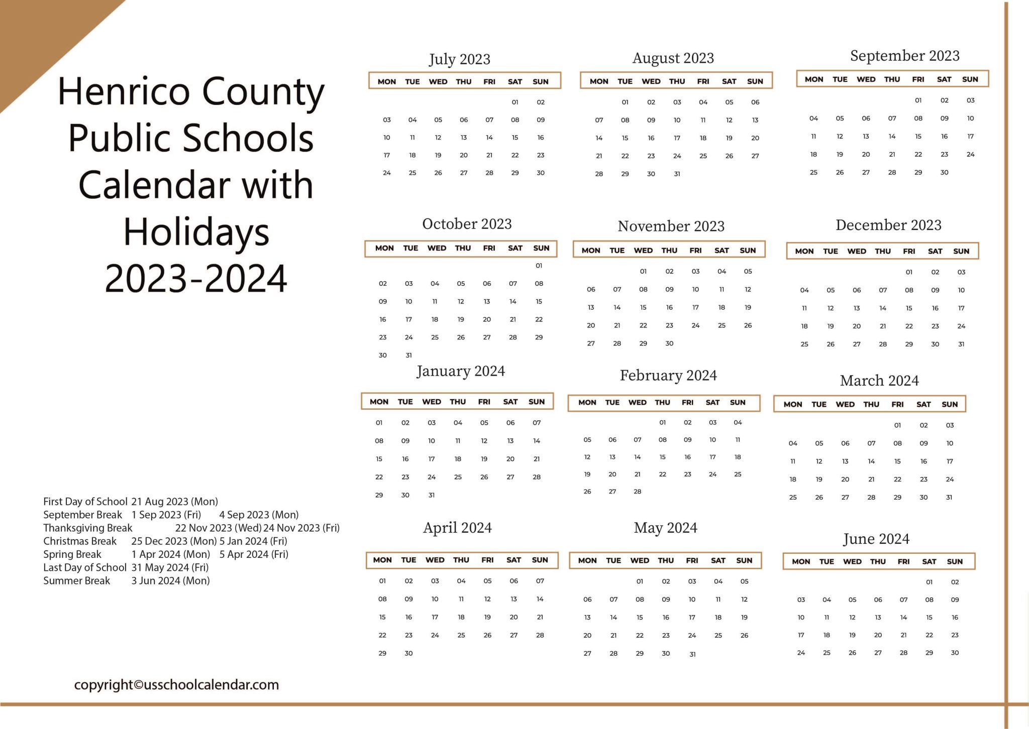 Henrico County Public Schools Calendar with Holidays 20232024