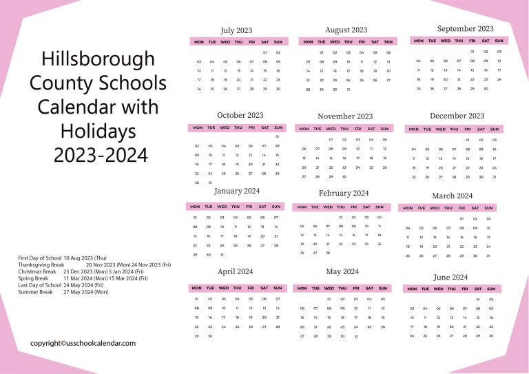 Hillsborough County Schools Calendar with Holidays 20232024
