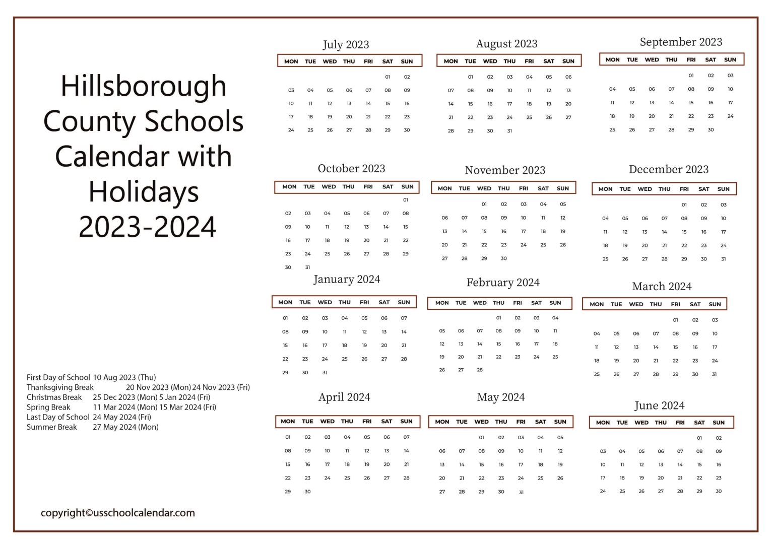 Hillsborough County Schools Calendar with Holidays 20232024