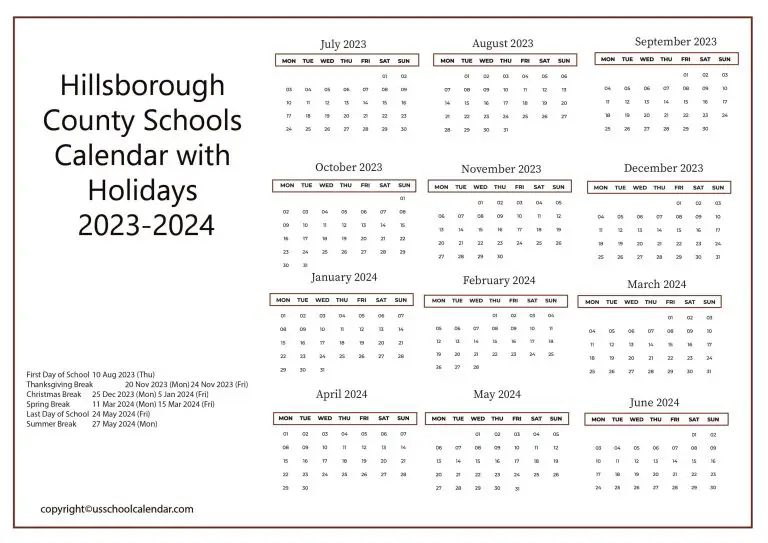 Hillsborough County Schools Calendar with Holidays 20232024