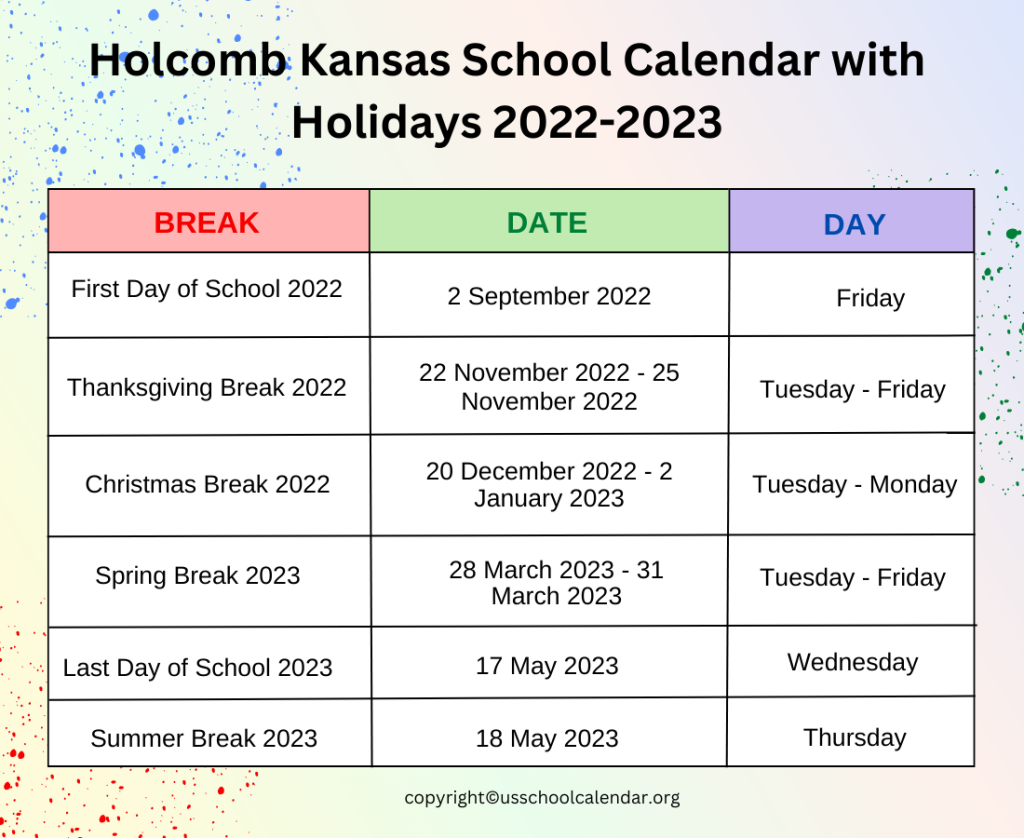 Holcomb Kansas School Calendar with Holidays 2022-2023