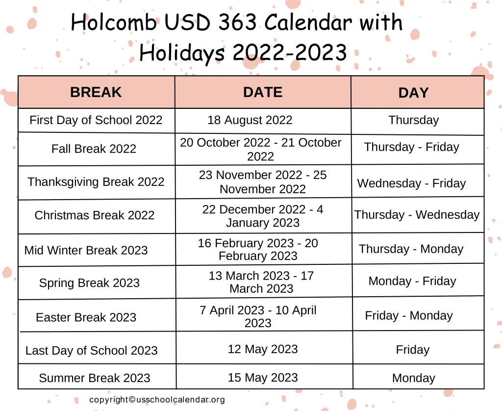 Holcomb USD 363 Calendar with Holidays 2022-2023