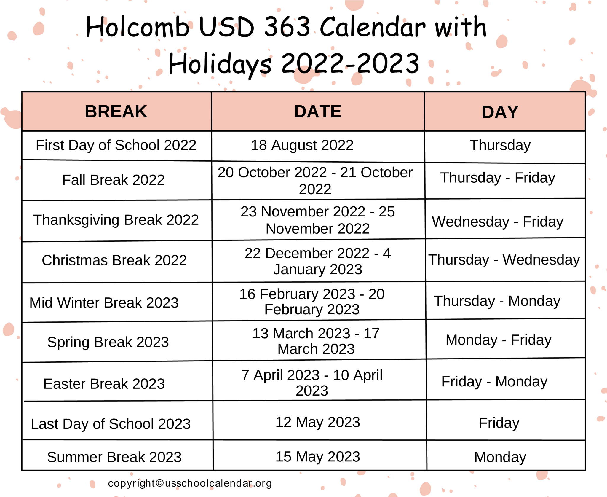 Holcomb USD 363 Calendar with Holidays 2023